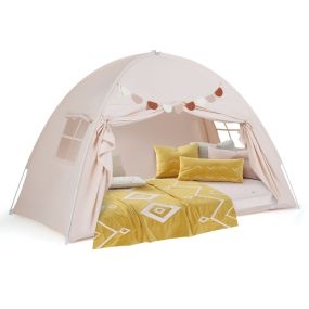 Tienda de campaña doble para niños plegable y portátil con 2 ventanas y banderas beige