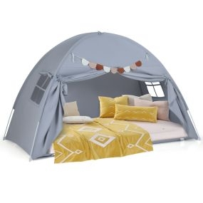 Tienda de campaña doble para niños plegable y portátil con 2 ventanas y banderas gris