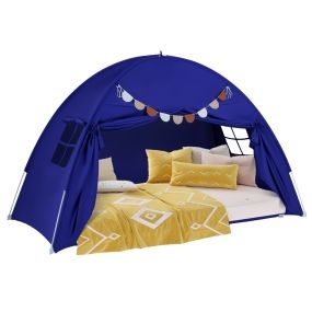 Tienda de campaña doble para niños plegable y portátil con 2 ventanas y banderas azul