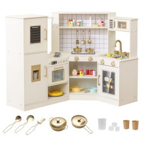 Cocina Juguete Esquina Madera con Dispensador Hielo Fogones Horno Microondas Lavavajillas Grifo Agua y Accesorios para 3+ Años Beige