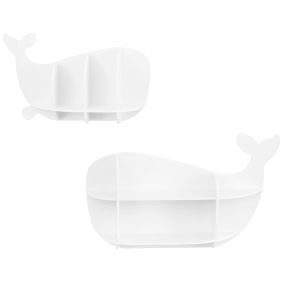 Set de 2 Baldas Flotantes Ballena con Compartimentos Abiertos Estantería Colgante Madera para Habitación Infantil Guardería Blanco