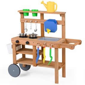Cocina de barro exterior de madera con macetas, fregadero, depósito de agua y 15 accesorios para niños 3+ años natural