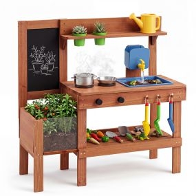 Cocina de barro de madera para exterior con jardinera, pizarra, fregadero, 13 accesorios, estante y 3 ganchos para niños 3+ años, natural