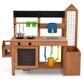 Cocina de barro de madera para exterior con jardinera, enrejado, 2 fregaderos y accesorios para niños 3+ años natural