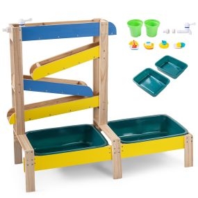 Mesa de arena y agua de madera con cajas, macetas, veleros y submarino sensorial Montessori para exterior 3+ años multicolor
