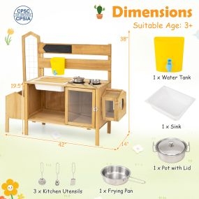 Cocina de juguete infantil de madera natural con fregadero, depósito de agua, utensilios y armario 106 x 35 x 95,5 cm