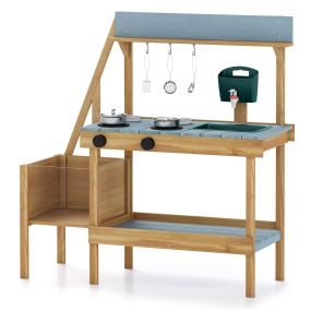 Cocina de barro para niños 3+ con fregadero, depósito de agua y almacenamiento, 93 x 36,5 x 96 cm, azul y amarillo