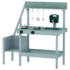 Cocina de barro para niños 3+ con fregadero, depósito de agua y macetas 93 x 36,5 x 96 cm azul y verde