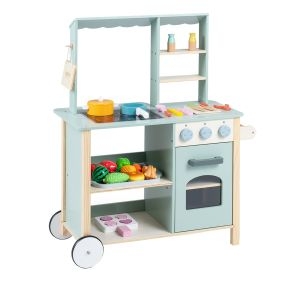 Carrito de cocina infantil verde de madera con ruedas, alimentos cortables y pizarra, 67 x 34 x 81 cm, +3 años