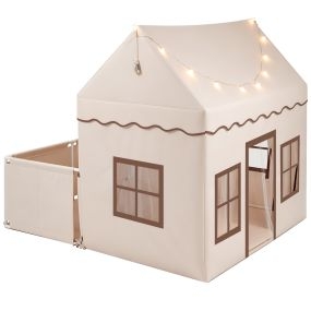 Tienda de juegos infantil 2 en 1 con corral, esterilla y tira de luces, 162 x 138 x 140 cm, beige y marrón