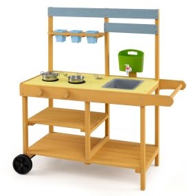 Cocina de juguete infantil de madera con ruedas, fregadero y utensilios, 92 x 41 x 98 cm, amarillo