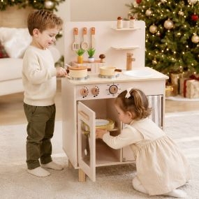 Cocina de juguete beige de madera con utensilios y almacenamiento para niños 54 x 30,5 x 80,5 cm