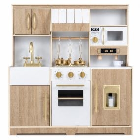 Cocinita Infantil de Madera con Cocina que Emite Sonido al Presionar y Varios Espacios de Almacenamiento Amplios 84 x 30 x 90 cm Natural