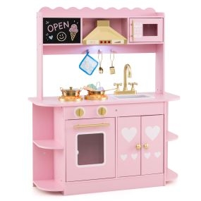 Cocinita Infantil de Madera con Campana Extractora y Pizarra para Dibujar y Accesorios Dorados Completos 79,5 x 29,5 x 97 cm Rosa