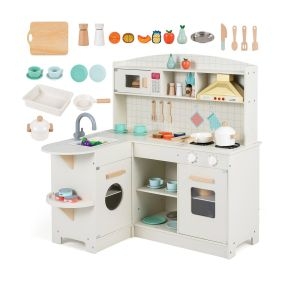 Cocina de Juego Infantil de Esquina Luz en Campana Extractora Muchos Accesorios Madera de MDF Segura Edad 3+ Años 80 x 71 x 93 cm Blanco