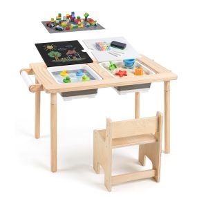 Juego de mesa infantil de madera natural con silla y espacios de almacenamiento