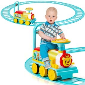 6V Tren con 16 Piezas de Vía para Niños Juguete Eléctrico Montable con Luces y Sonidos Pedales Retráctiles para Niños 3+ Años Azul