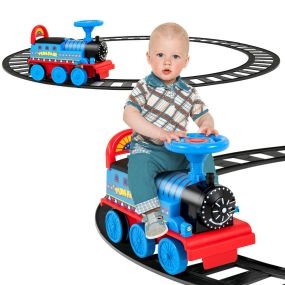 6V Tren con 16 Piezas de Vía para Niños Juguete Eléctrico Montable con Luces y Sonidos Pedales Retráctiles para Niños 3+ Años Azul Oscuro