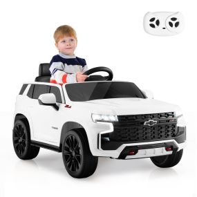 SUV para Niños de 12 V Vehículo Eléctrico a Batería Chevrolet Tahoe con Control Remoto de 2,4 G Suspensión de Resorte Luces Música Blanco