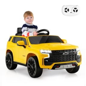 SUV para Niños de 12 V Vehículo Eléctrico a Batería Chevrolet Tahoe con Control Remoto de 2,4 G Suspensión de Resorte Luces Música Amarillo