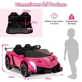 Juguete de Coche Eléctrico de Lamborghini 12V para Niños de 3-8 Años con Control Remoto 3 Velocidades Luces LED Rueda y Música Rosa