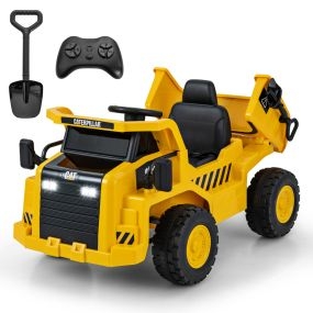 Camión Volquete para Niños con Licencia de Caterpillar Eléctrico de 12 V con Plataforma Inclinable Mando Pala de Arena Luces Música Amarillo