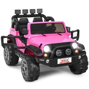 Coche Eléctrico Montable para Niños de Batería 12V con 2 Asientos con Mando 2,4G 3 Velocidades Música Bocina Puerto USB Luces LED Rosa