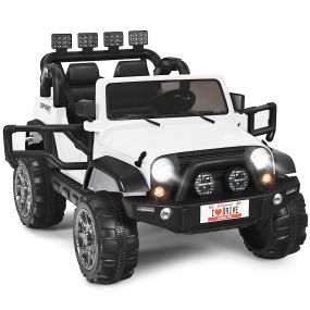 Coche Eléctrico Montable para Niños de Batería 12V con 2 Asientos con Mando 2,4G 3 Velocidades Música Bocina Puerto USB Luces LED Blanco