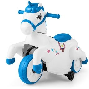 Juguete Unicornio Eléctrico de 12V para Niños Pony Montable con Ruedas Modo de Montar a Caballo con Música Arranque con Botón Azul