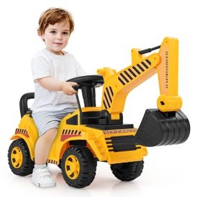 Excavadora para niños con pala ajustable, bloqueo antivuelco, sonido de motor y almacenamiento