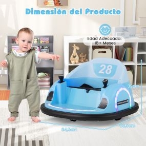 Coche de choque para niños a batería 6V azul con luces LED, música, sonido y giro 360°