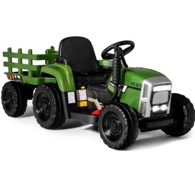 Tractor Eléctrico Infantil con Remolque 3 Velocidades Luces LED Música USB Bluetooth y Control 2.4G Carga 30 kg Ejército Verde