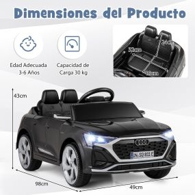 Coche Eléctrico para Niños Audi SQ8 Licenciado de 12V Vehículo con Control Remoto Bocina Luces LED Música 3 Velocidades Arranque Suave Negro