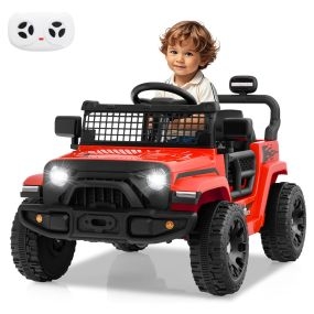 Coche eléctrico para niños con mando a distancia, volante, panel musical, bocina, faros y espejos plegables, rojo