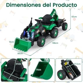 Tractor Eléctrico 4 en 1 para Niños con Control Remoto Pala Remolque Desmontable Luces LED para Niños de 3 a 8 Años 185 x 58 x 65 cm Verde