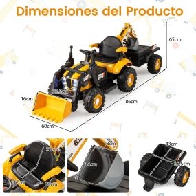 Tractor Eléctrico 4 en 1 para Niños con Control Remoto Pala Remolque Desmontable Luces LED para Niños 3 a 8 Años 185 x 58 x 65 cm Amarillo