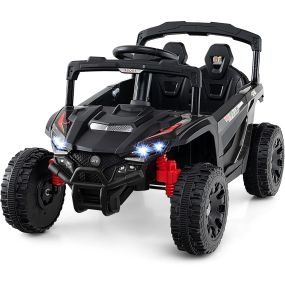 Coche Eléctrico Infantil de 12V Camión UTV con Control Remoto 3 Velocidades Luces LED Música Bocina Vehículo a Batería para Niños Negro