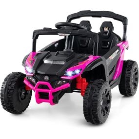 Coche Eléctrico Infantil de 12V Camión UTV con Control Remoto 3 Velocidades Luces LED Música Bocina Vehículo a Batería para Niños Rosa