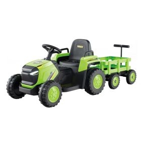 Cochecito para Niños Vehículo Eléctrico de 12V con Remolque Desmontable Mando a Distancia Faros LED Bocina Música Arranque Verde