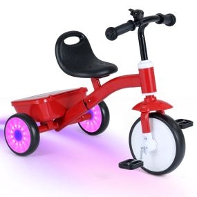 Triciclo para Niños con Ruedas Luminosas Asiento Ajustable en 4 Niveles Compartimento y Pedales Desmontables para 3-5 Años Rojo
