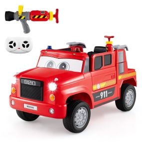 Camión de Bomberos para Niños con Batería de 12V Juguete Eléctrico con Pulverizador de Agua Control Remoto Música Alarma Luces Rojo
