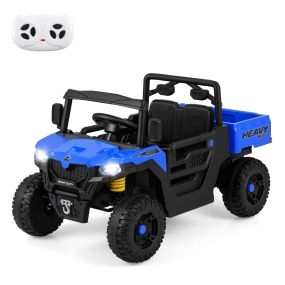 Camión Volquete Eléctrico 12V con Mando a Distancia Música Cuentos y Luces LED Suspensión de Resorte para Niños 3-8 Años Negro+Azul