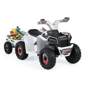 Cuatrimoto Eléctrica para Niños con Remolque Trasero Coche de Juguete con Ruedas Interruptor de Un Toque Botón de Avance Blanco