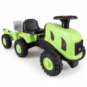Tractor sin pedales para niños con remolque desmontable, bocina, salpicadero, pala y rastrillo, verde
