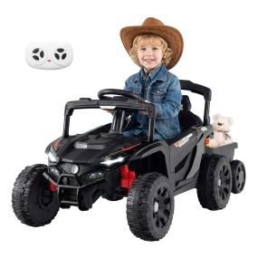 12V Vehículo Todoterreno para Niños con Remolque Desmontable Coche Eléctrico a Batería con 3 Velocidades Luces LED Música Negro