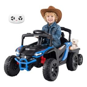 12V Vehículo Todoterreno para Niños con Remolque Desmontable Coche Eléctrico a Batería con 3 Velocidades Luces LED Música Azul