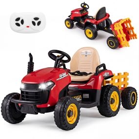 Coche Eléctrico 24V Tractor Infantil con Remolque Inclinable Desmontable Control Remoto Música Faros LED 3+ Años Rojo
