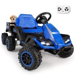 Coche eléctrico infantil 6 ruedas 24V con luces y remolque azul 152 x 68 x 60 cm