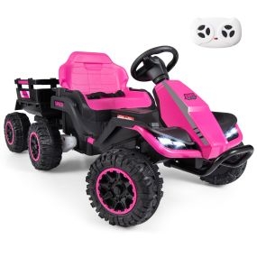 Todoterreno eléctrico infantil 6 ruedas 24V con remolque y luces, mando parental, rosa