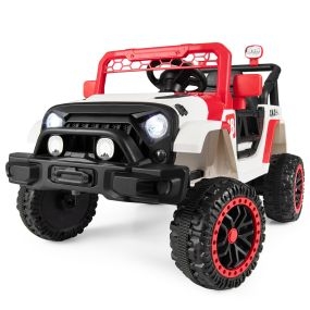 Coche eléctrico infantil todoterreno con mando 2.4G, doble motor, puertas abatibles, rojo y blanco